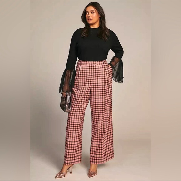 Anthropologie Frnch Palmer Pink Plaid Wide Leg Trouser Pants Size Medium - Picture 1 of 6